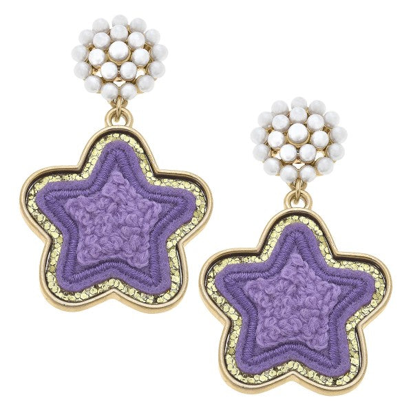 Purple and Gold Star Patch And Pearl Earrings