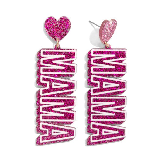 MAMA Glitter Acetate Drop Earrings with Heart Accents