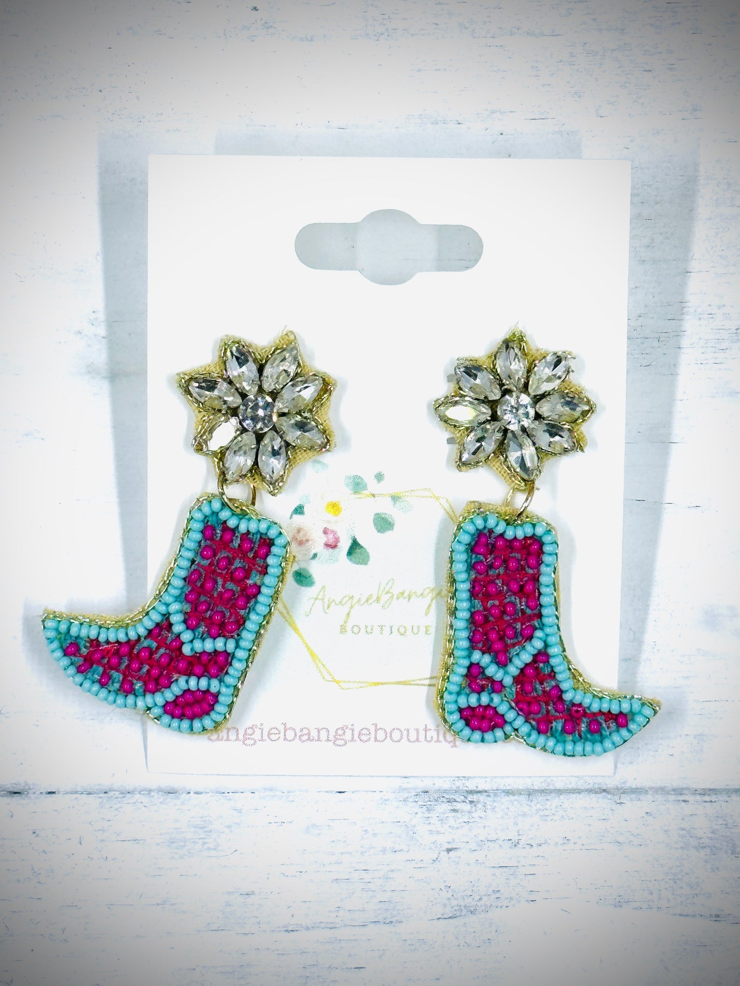 Bead and Rhinestone Cowboy Boot Drop Earrings