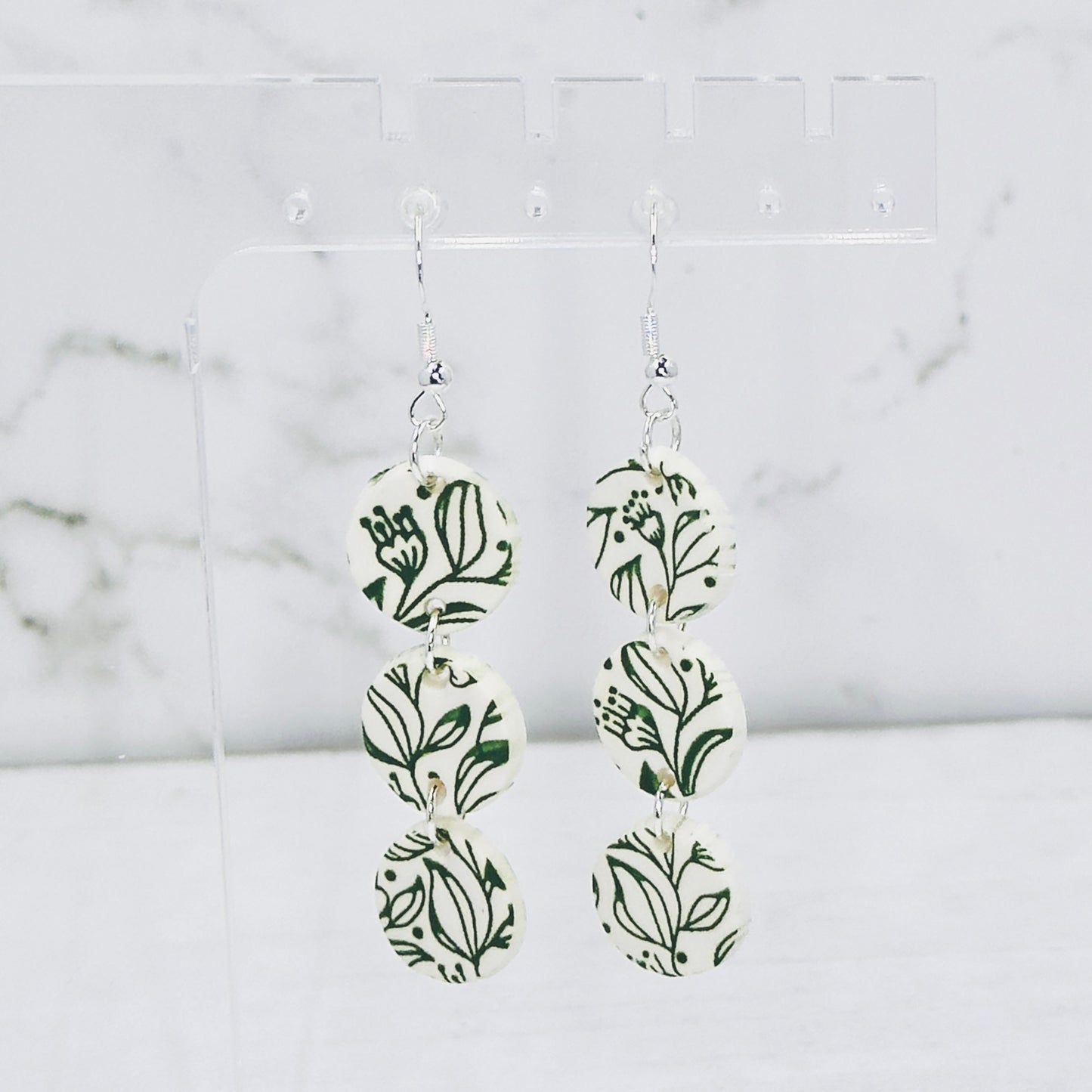 Vine Stenciled White Polymer Clay Earrings