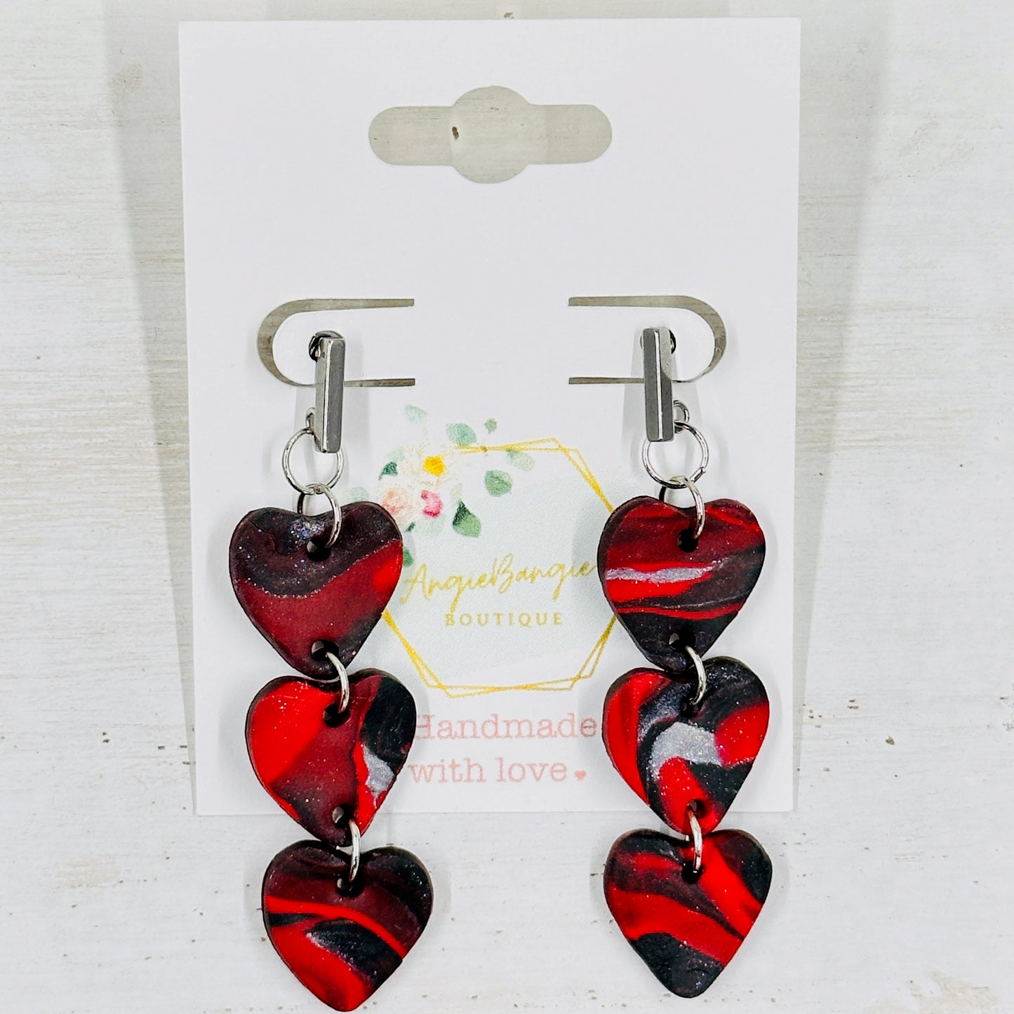 Red, Black and Silver Marbled 3 Heart Polymer Clay Earrings