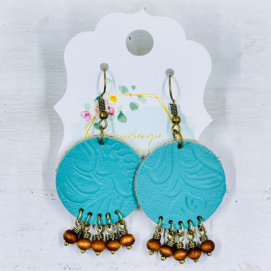 Turquoise Leather with Floral Imprint and Wood Bead Earrings