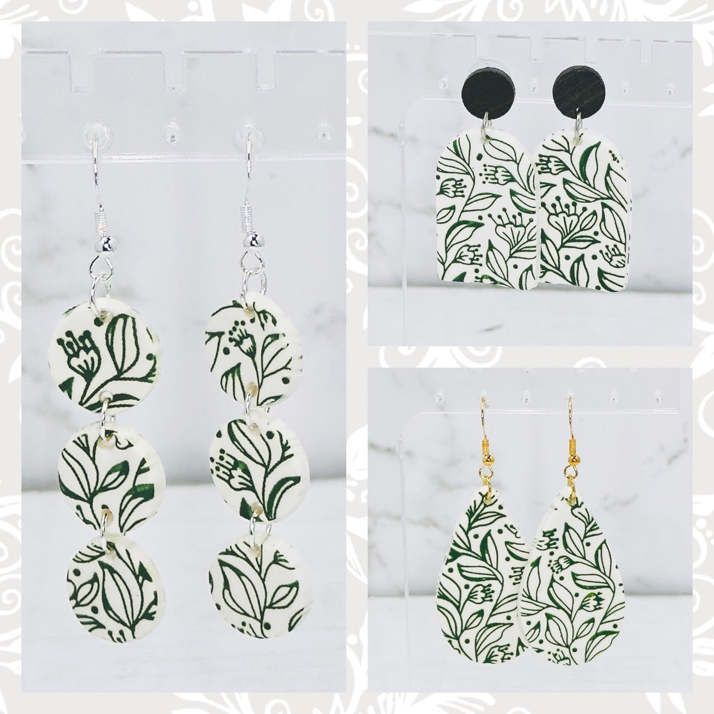 Vine Stenciled White Polymer Clay Earrings