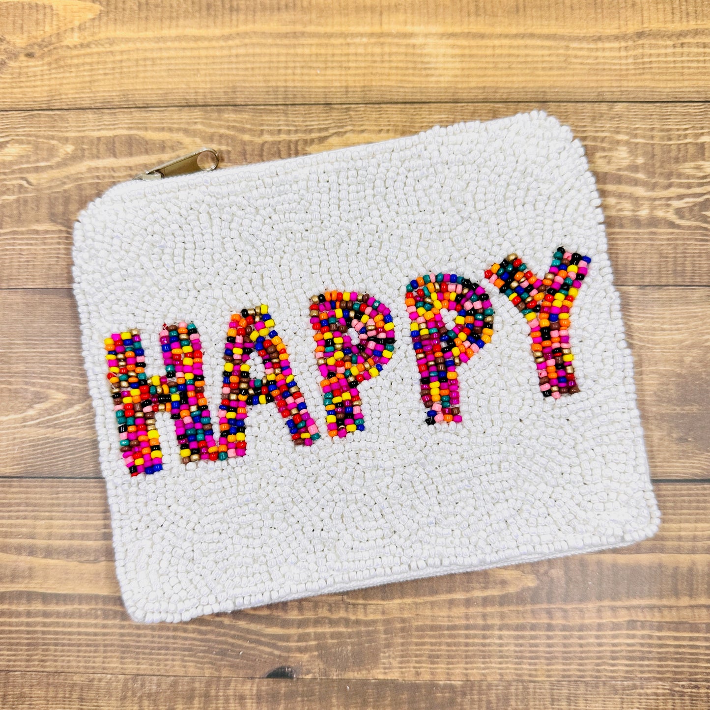 HAPPY Seed Beaded Canvas Pouch