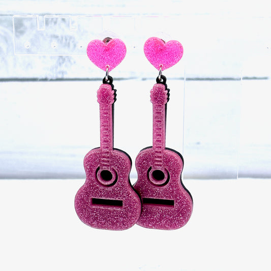 Pink Glitter Guitar Dangle Earrings